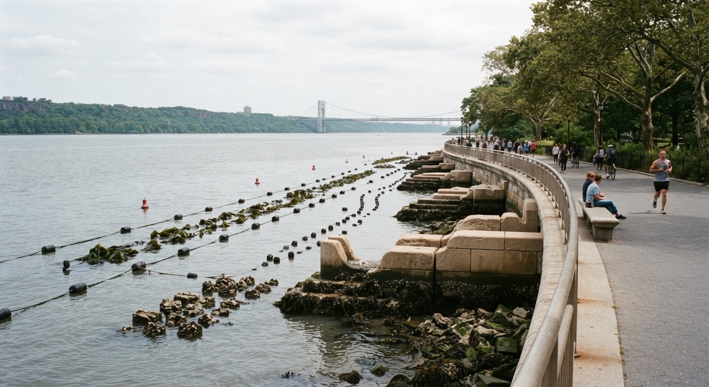 Concept render of an Upper West Side riverfront walkway with cast shorefront structures and kelp-line aquaculture, looking up the Hudson
